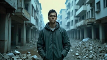 Disaster scene footage of single person ruins