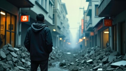 Dark toned disaster scene footage of ruins