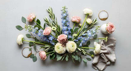 Luxurious floral arrangement with pink roses, delphiniums, and eucalyptus on gray surface