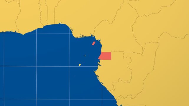 Equatorial Guinea on Globe. Animated zoom into the country in Ocean Blue Golden Yellow color palette. Equatorial Guinea logo animation. Map with meridians, parallels. Creative video.