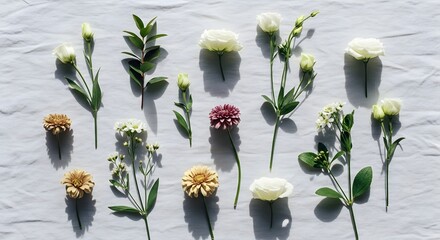 Assortment of fresh flowers and greenery artfully arranged on white linen fabric