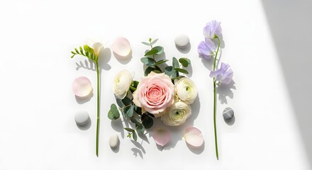 Soft pink rose bouquet with white ranunculus, freesia, and sweet peas on white background