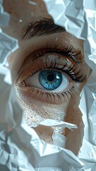 An eye framed in crumpled silver foil, revealing bright blue iris and long lashes. Cool tones and subtle glitter