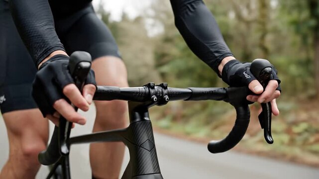 Cyclist gripping bicycle handlebars riding on a paved road during daytime training.