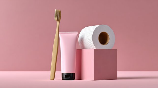 A pink box with a tube of toothpaste and a toothbrush on top of it. The toothbrush is on the left side of the tube
