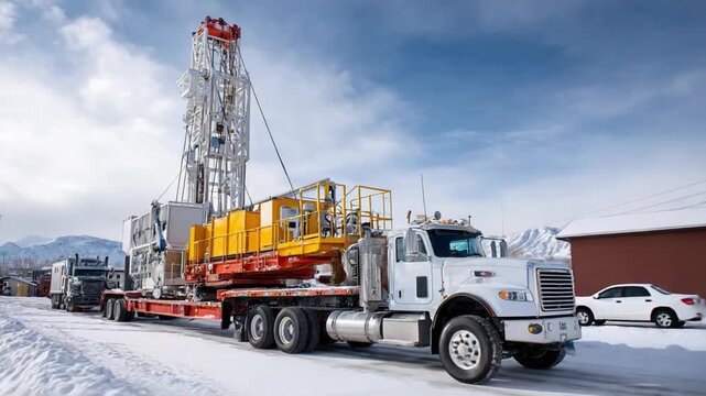 Heavy Industry Transport: A sturdy rig is being transported by a heavy-duty truck on a snow-covered road. This industrial scene is framed by a clear sky.