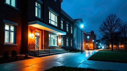 Realistic scene images of school buildings at night