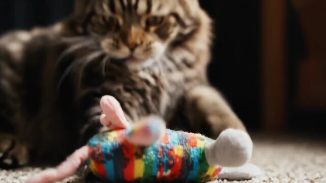 Close-up of a Maine Coon cat playing with a colorful toy mouse