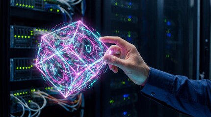 Hand pinching glowing holographic quantum polyhedron over server racks, futuristic data center cybersecurity visualization background banner
