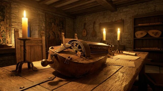 hurdy gurdy placed on rustic wooden table inside medieval inspired music room video