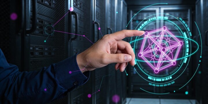 Close up hand pointing at holographic network HUD with geometric quantum node mesh in dark data center, technology interface background banner - Powered by Adobe