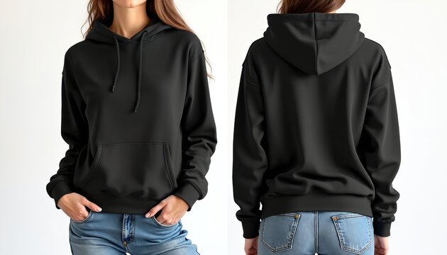 Blank black hoodie front and back view on female model. Mockup for custom print design apparel. Casual outerwear garment template for graphic arts.