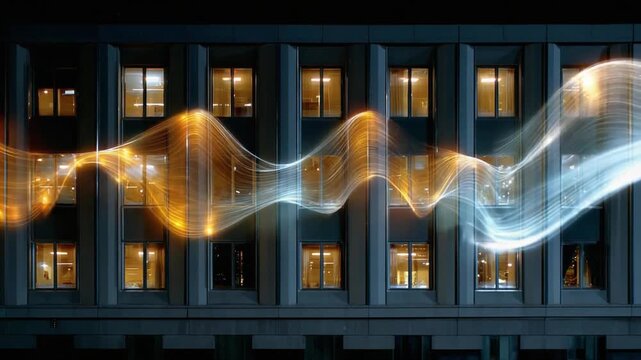 Building Dynamics: An architectural marvel, illuminated at dusk, showcases the convergence of human activity and technological currents with glowing energy across its facade. 
