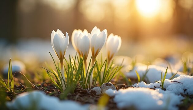 White crocuses emerge from snow in soft morning sun. Green grass grows through melting snow patches. Nature awakens, signaling spring transition and new beginnings after winter cold.