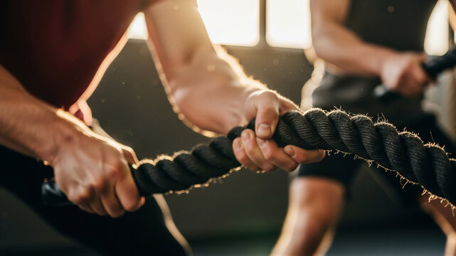 A dynamic close-up of hands gripping battle ropes during an intensive gym workout, highlighting muscular strain and functional fitness with a blurred training partner in the background