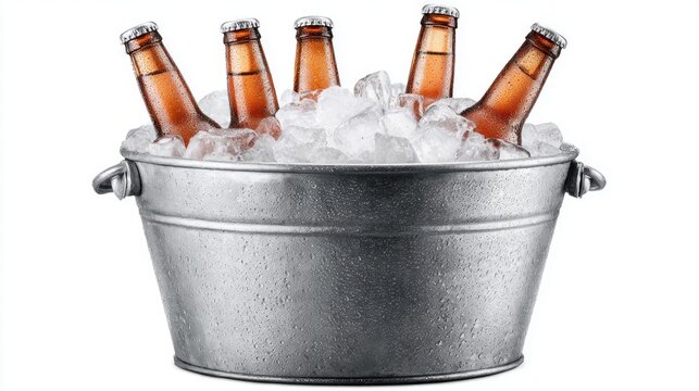 Five amber beer bottles chilling in a galvanized metal bucket filled with ice cubes