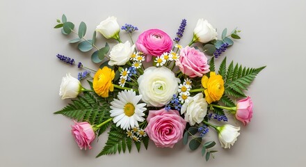Elegant floral arrangement of roses, ranunculus, daisies, lavender, and eucalyptus on a neutral background.