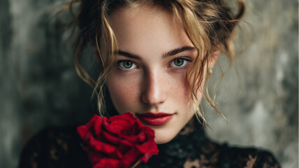 Portrait of a young woman holding red rose