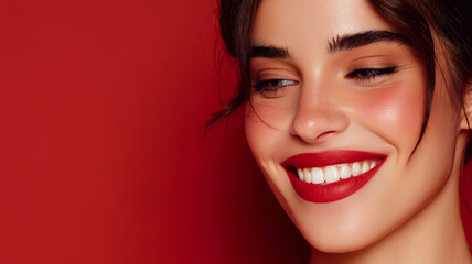 Portrait of beautyful woman with perfect smile  over red background