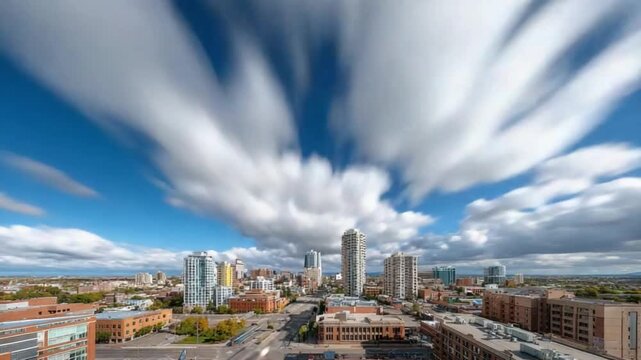 Dynamic Cityscape Under Shifting Clouds: Capture the energy of the urban world with a view that features towering skyscrapers that reflect the boundless dynamism of the modern metropolis.