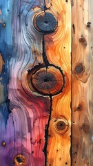 Abstract planks painted wood grain with swirls, knots, and rainbow hues merging in a painterly, vertical composition