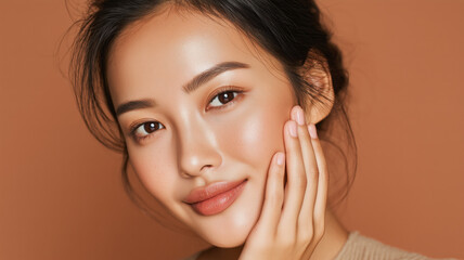 Portrait of asian woman touching healthy facial skin