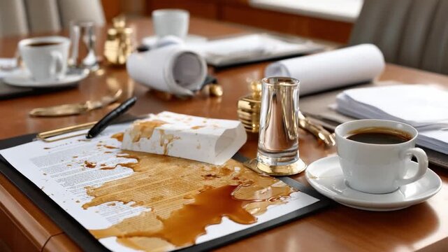 Unexpected Spill: Coffee stains the documents on a desk, a scene of disarray with scattered papers and a lingering cup of coffee, creating a visual narrative of a mishap or interruption.