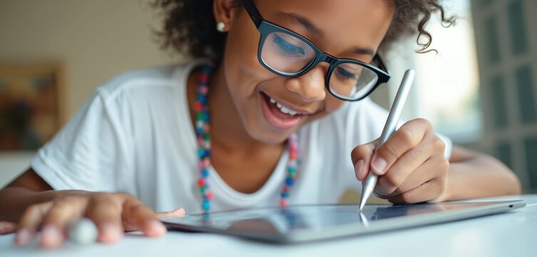 Young african girl with glasses happily draws on digital tablet with stylus. Child uses tech for art and schoolwork at home. Focus on creative learning and digital literacy.