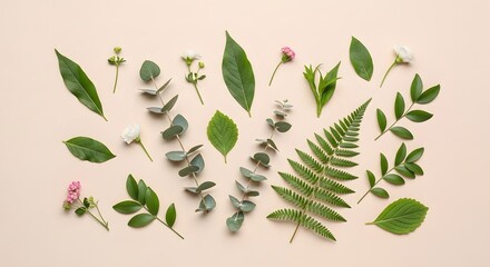 Assortment of fresh green leaves and small flowers scattered on a light pink background.
