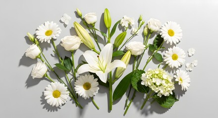 Luxurious bouquet of white lilies, roses, daisies, and hydrangeas on a gray background.