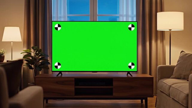A video showcasing a modern living room with a green screen on the television as part of a video production setup