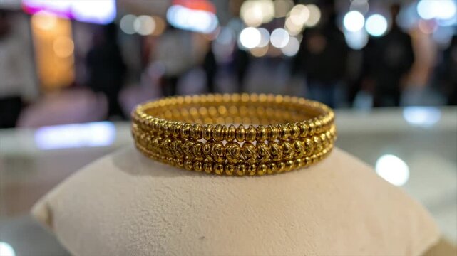 Ornate gold bangle rests on a cushion; a blurred background shows people