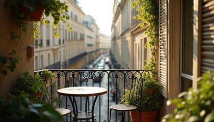 Naklejka premium Empty balcony with table and chairs overlooks city street. Green plants adorn wrought iron railing. Buildings line both sides of road with parked cars.
