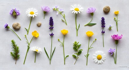Collection of wildflowers and pebbles arranged on a textured white background.