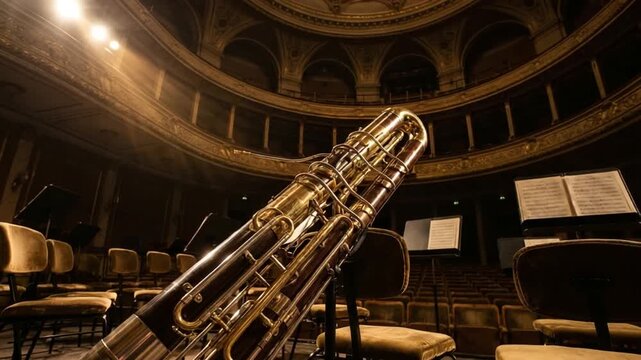 large contrabassoon positioned in orchestral hall zoom out video