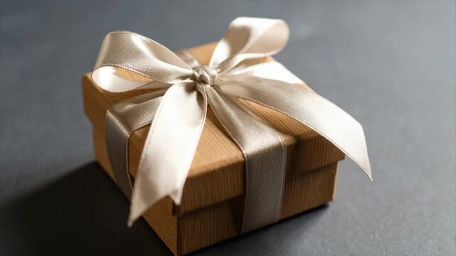 A small gift box with a silk ribbon bow is set on a dark, textured surface