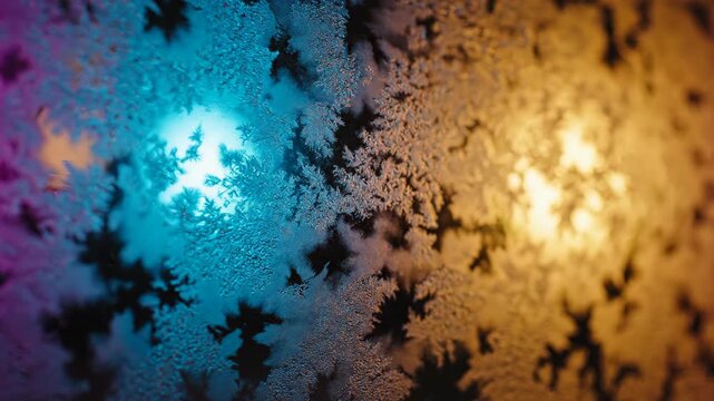 Abstract frost patterns illuminated by vibrant neon light on glass