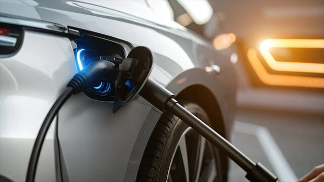 Close-up of electric vehicle charging, illuminated blue charging port and black cable
