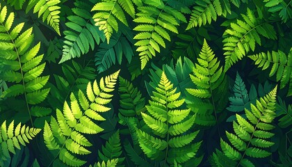 An illustration depicting an overhead view of lush, bright green ferns against a darker green background