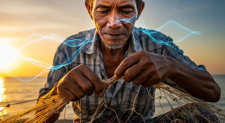 Digital Essence of Tradition Elderly Fisherman's Skillful Hands Mending Nets, Symbolizing Wisdom and Innovation in a Connected World