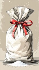 An illustration of a closed white bag with a red bow, next to spilled white powder, on a tan background