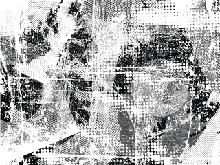 Glitch distorted grunge layer . Noise scratched texture . Trendy textured shapes . Overlay grunge texture . Distressed effect .Vector shapes with a halftone dots and scratches. Screen print texture.