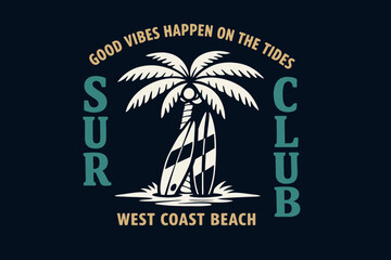 Surf Club West Coast Beach Vintage T-shirt Design. Retro Tropical Palm Tree and Surfboard Graphic Vector Illustration. © galih