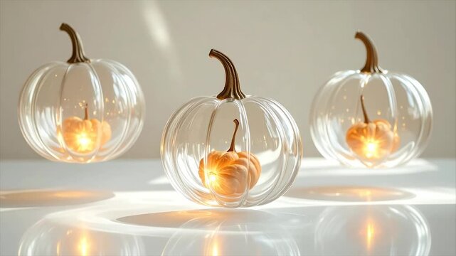 Three glass pumpkin decorations, each housing a smaller pumpkin lit from within