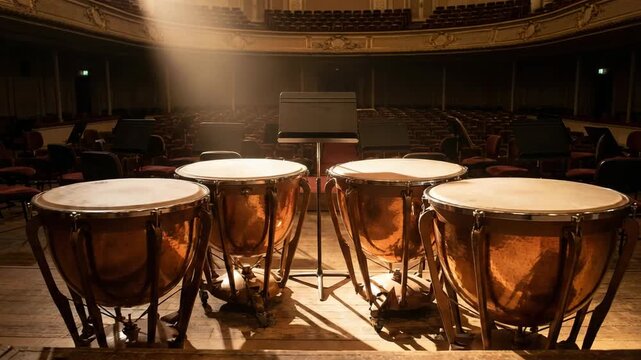 large orchestral timpani drums positioned on empty symphony stage video