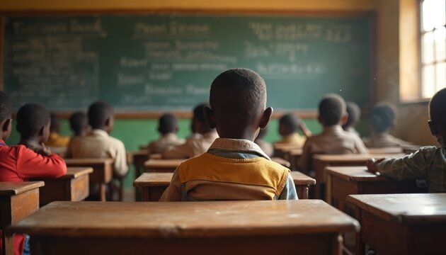 African children study at desks in basic classroom. Young boys learn at school facing blackboard. Students attend lesson in poor rural region classroom environment.
