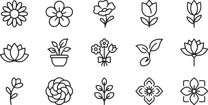 Simple line art flower and plant icons, a versatile vector collection for modern design