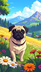 An illustration of a pug in a flower-filled meadow, with mountains and a bright sky in the background