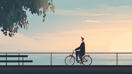 Obraz premium Animated scene of a person biking along a seaside promenade at sunset