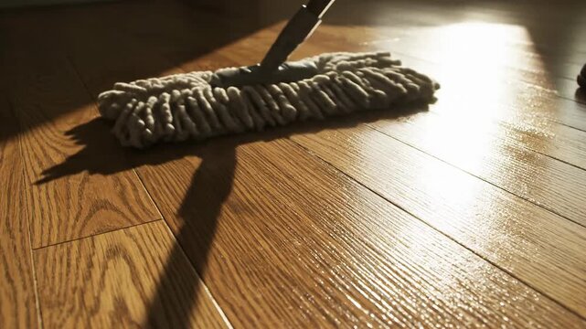 Close-up of a mop cleaning a shiny wooden floor with sunlight streaming in.